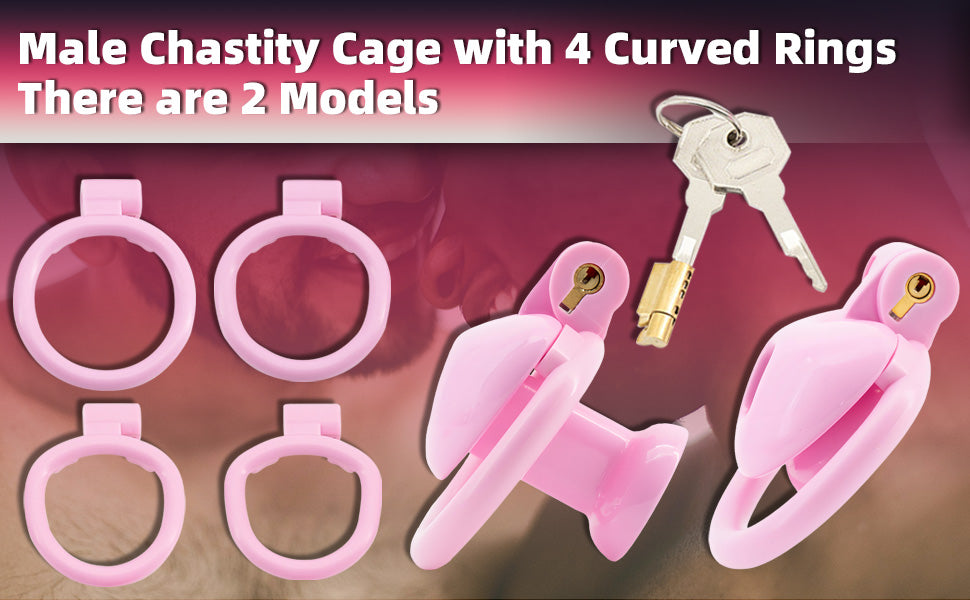 Heart-Shaped Chastity Cage Lock Set with Urine Holder and 4 Curved Rings,Negative Sissy Cock Cages in 2 Sizes Short/Long SM Bondage Fetish Sex Toys for Mens (Pink,Short)