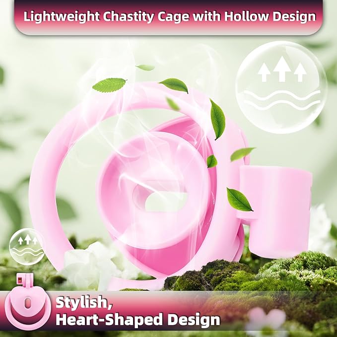 Heart-Shaped Chastity Cage Lock Set with Urine Holder and 4 Curved Rings,Negative Sissy Cock Cages in 2 Sizes Short/Long SM Bondage Fetish Sex Toys for Mens (Pink,Short)