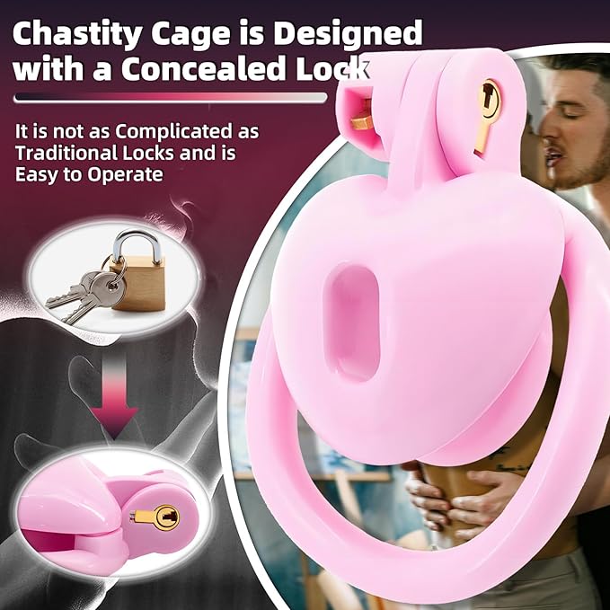 Heart-Shaped Chastity Cage Lock Set with Urine Holder and 4 Curved Rings,Negative Sissy Cock Cages in 2 Sizes Short/Long SM Bondage Fetish Sex Toys for Mens (Pink,Short)