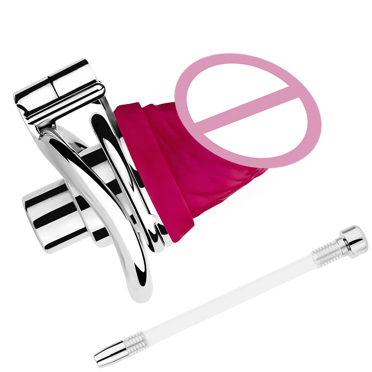 Metal Inverted Chastity Cage with Detachable Urethral Tube and Small Dildo