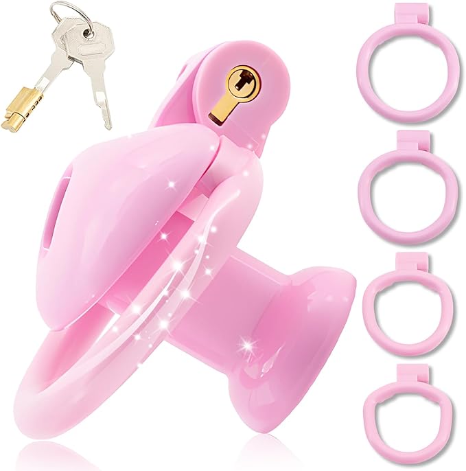 Heart-Shaped Chastity Cage Lock Set with Urine Holder and 4 Curved Rings,Negative Sissy Cock Cages in 2 Sizes Short/Long SM Bondage Fetish Sex Toys for Mens (Pink,Short)