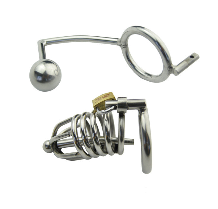 CX141 Stainless Steel Conjoined Anal Plug with Catheter Chastity Lock
