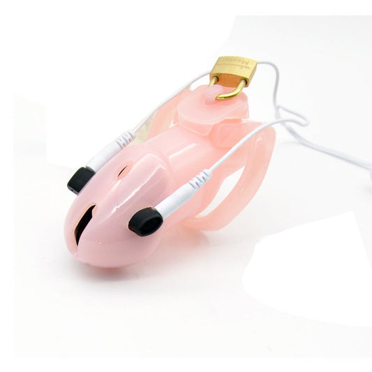 Electric Shock PU Plastic Penis Lock Pink Chastity Cage