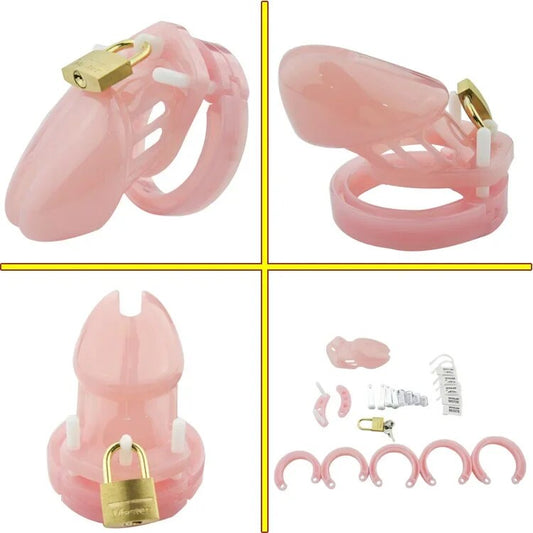 Pink/Black/Transparent Chastity Cage with 5 Size Rings