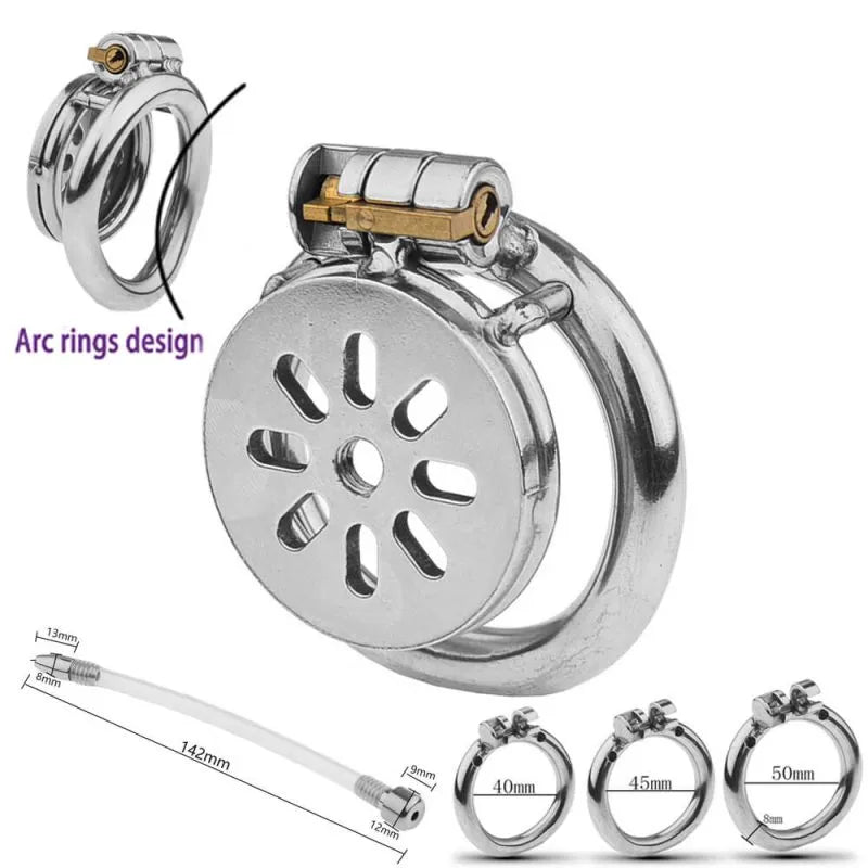 Flat Urethral Stainless Steel Chastity Cage with Ring Sizes and Dimensions